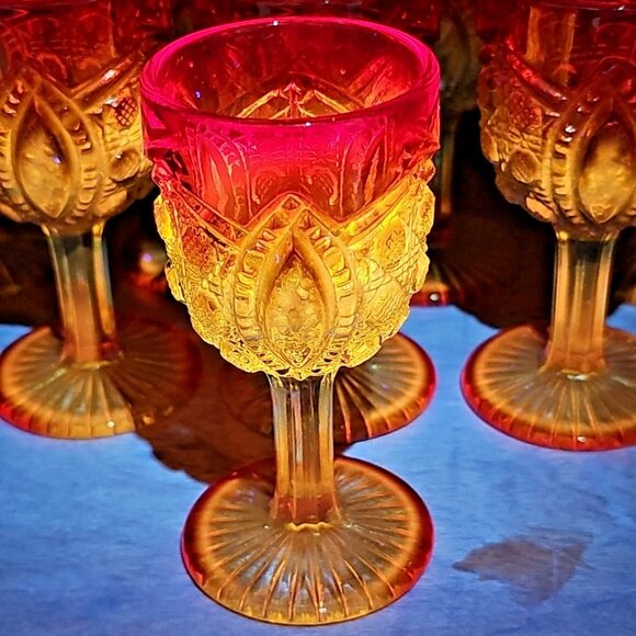 8pc Set Cadmium Amberina Cordial MCM Vintage Water Wine Glasses Rare WOW! - Picture 6 of 16